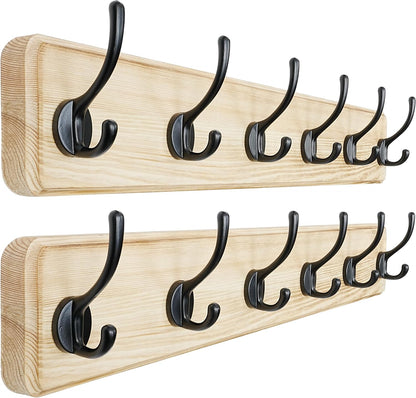 Dseap Coat Rack Wall: 24" Long, Patented, Heavy-Duty, 6-Double-Hooks Wooden Wall Mounted Coat Rack Coat Hanger Hook Rail for Winter Coats Hat Jacket Clothing, Light Brown, Pack of 2
