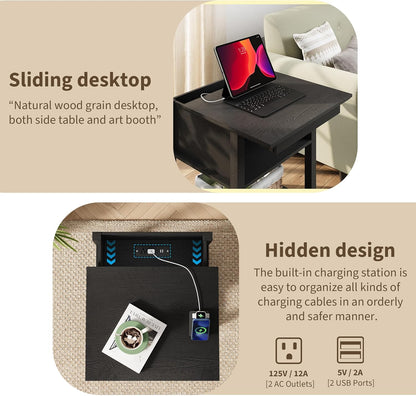 Rresyet Sliding Side Table Set of 2 with Charging Station & 2-Tier Storage,Farmhouse End Table, Wooden Nightstand for Bedroom & Living Room,White (Black)