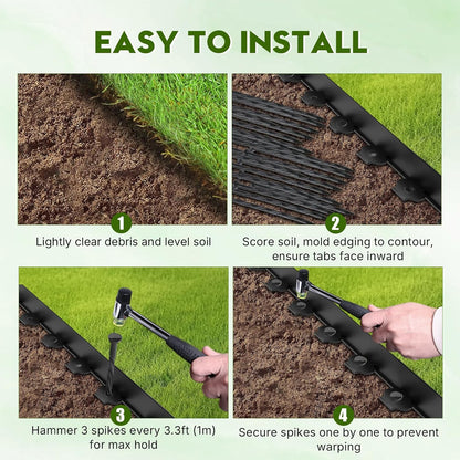No Dig Landscape Edging 2" x 66FT Kit, Plastic Edging for Landscaping with 200 Spikes, for Garden, Lawn, Flower Beds and Yard, Black