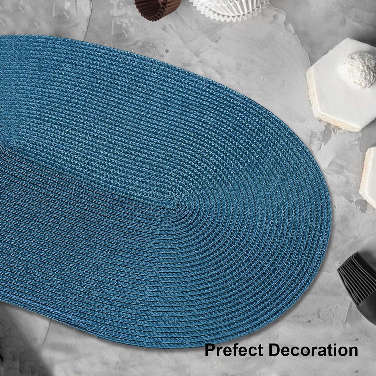 AHHFSMEI Placemats Set of 4 for Dining Table Washable Woven Vinyl Non-Slip 18x12 inches Placemat Heat-Resistant Durable Table Mats for Dining Table Easy to Clean (Oval Blue, 4)