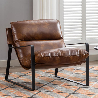 DUOMAY Mid-Century Accent Chair Armchair Set of 2, Comfy PU Leather Leisure Chair Lazy Chair with Metal Leg for Living Room Bedroom Office Apartment, Brown