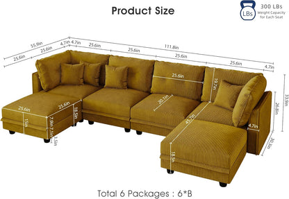 LLappuil Modular Sectional Sofa with Storage Seats, Corduroy Convertible Modular U Shaped Sectional Couch for Living Room, 6 Seat Oversized Sofa with 6 Back Cushion 6 Throw Pillow, Yellow