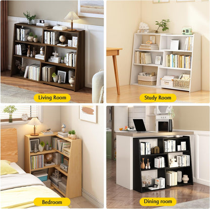 IOTXY Wooden Extendable Shelf Bookcase - 3-Tier Ladder Low Short Bookshelf for Small Space or Corner, Oak, S