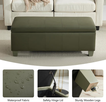 41" Faux Leather Storage Ottoman, Stitch Tufted Rectangle Upholstered End of Bed Storage Bench, Entryway Large Couch Ottoman with Wooden Legs,Green