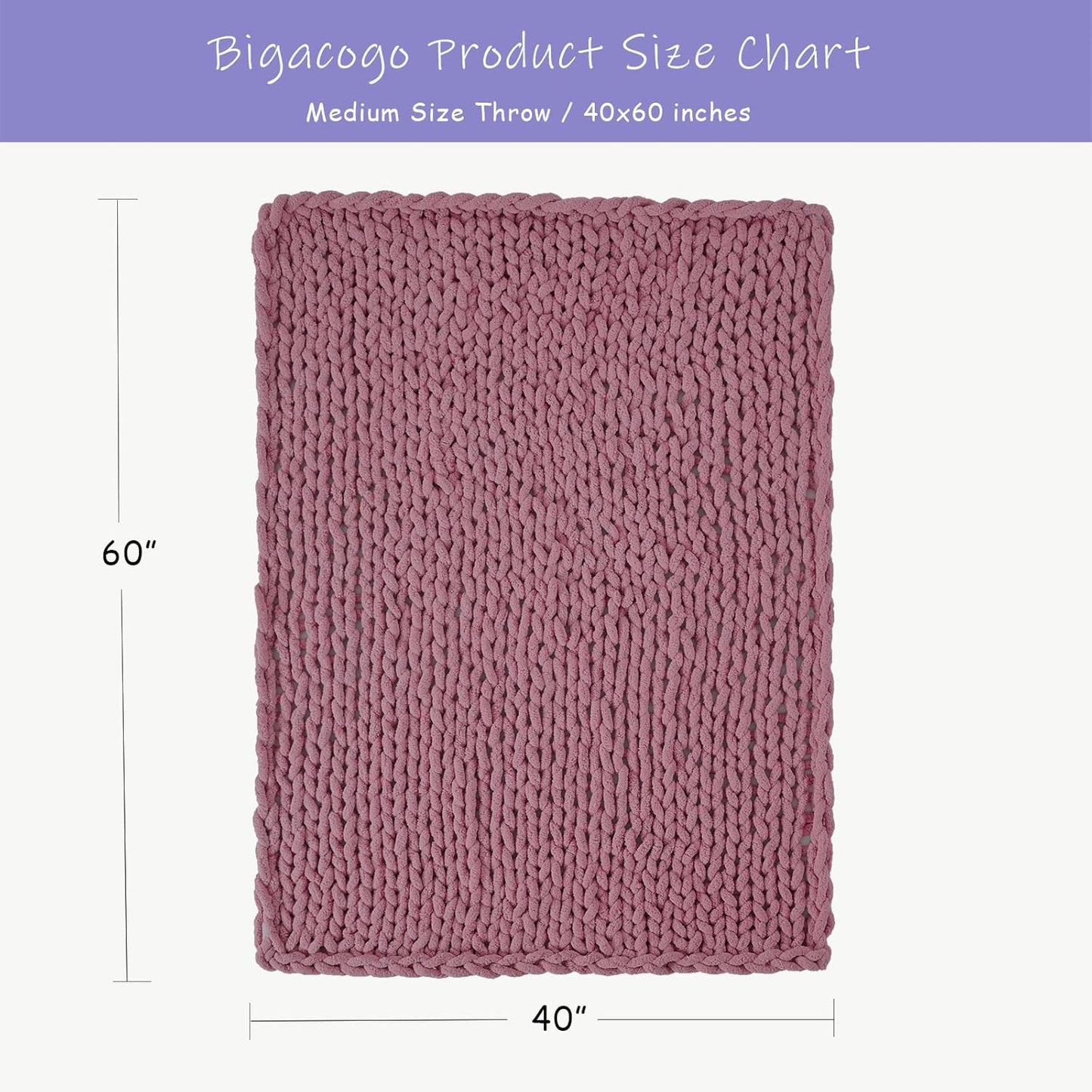 Bigacogo Chunky Knit Throw Blanket for Couch, 40x60 inches, 100% Hand Knitted with Thick Jumbo Chenille Yarn, Cozy Soft Large Rope Knot Cable Crochet Blankets for Sofa Bed Living Room, Burnt Rose