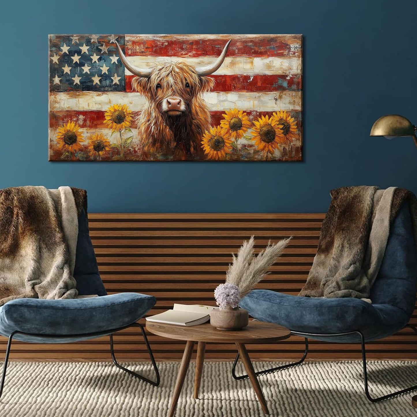 LASMOND Country Highland Cow Wall Art for Living Room Rustic Retro Vintage American Flag Sunflower Canvas Painting Prints Highland Cattle Artwork Farmhouse Bedroom Office Decor (30x16 Inches)