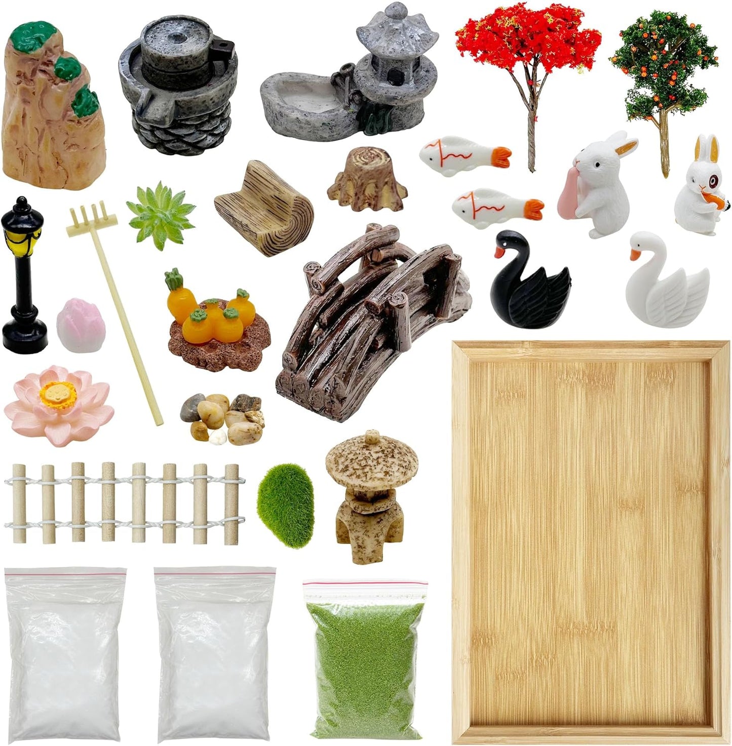 Cayway Mini Zen Sand Garden Kit - Patio Sandbox Decorations Zen Decor With White Sand, Model Trees, Mini Fences, Chairs for Home Office Desktop Decor