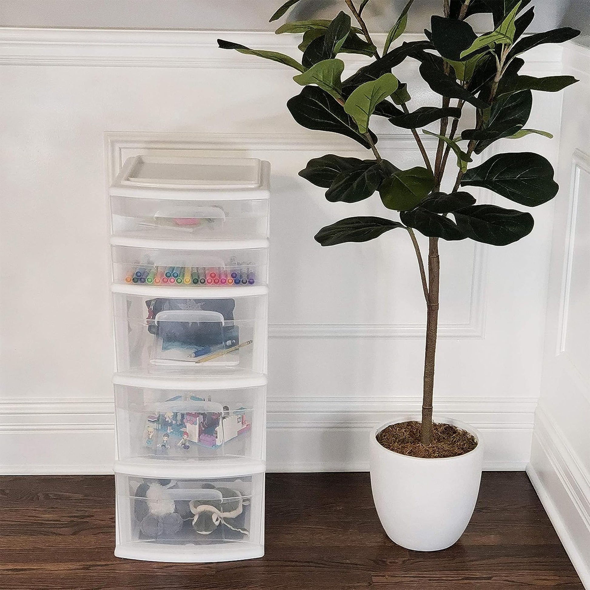 HOMZ 2-Pack Drawer Tower, 5-Tier Clear Plastic Storage Organizer Unit, White Frame - Multi-Purpose