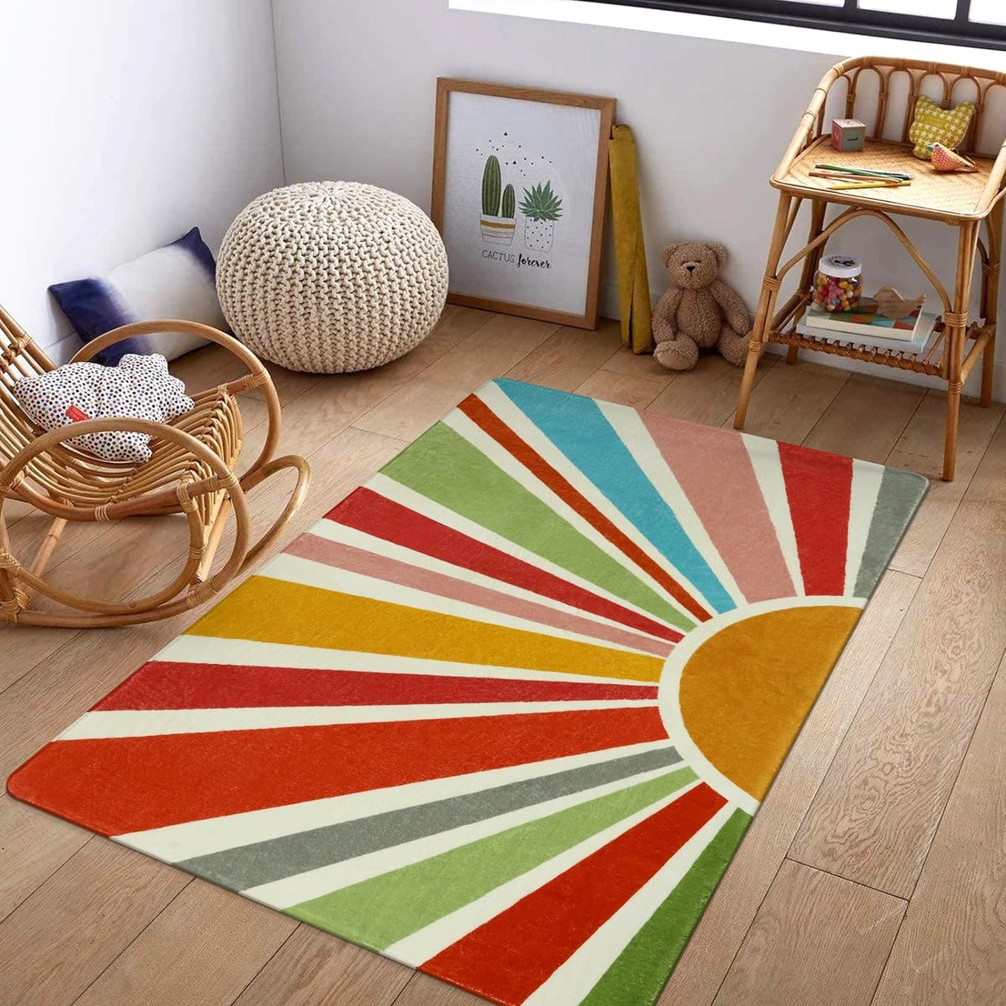 STARUIA Boho Washable Rug 3'x5' Kids Area Rug for Playroom, Colorful Kids Rugs for Bedroom, Non-Slip Throw Sun Carpet Soft Small Sunshine Rugs for Office Nursery Entryway Dorm