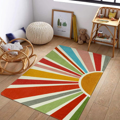 STARUIA Boho Washable Rug 3'x5' Kids Area Rug for Playroom, Colorful Kids Rugs for Bedroom, Non-Slip Throw Sun Carpet Soft Small Sunshine Rugs for Office Nursery Entryway Dorm