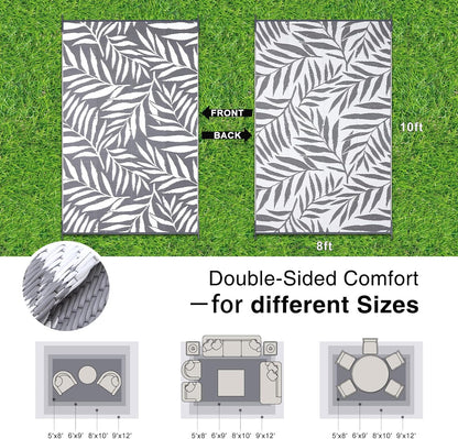 OLANLY Waterproof Outdoor Rug 8x10 ft, Reversible Outdoor Plastic Straw Rug with Leaf Pattern, RV Mat, Indoor Outdoor Carpet for Patio, Camping, Balcony, Deck, Backyard, Grey & White