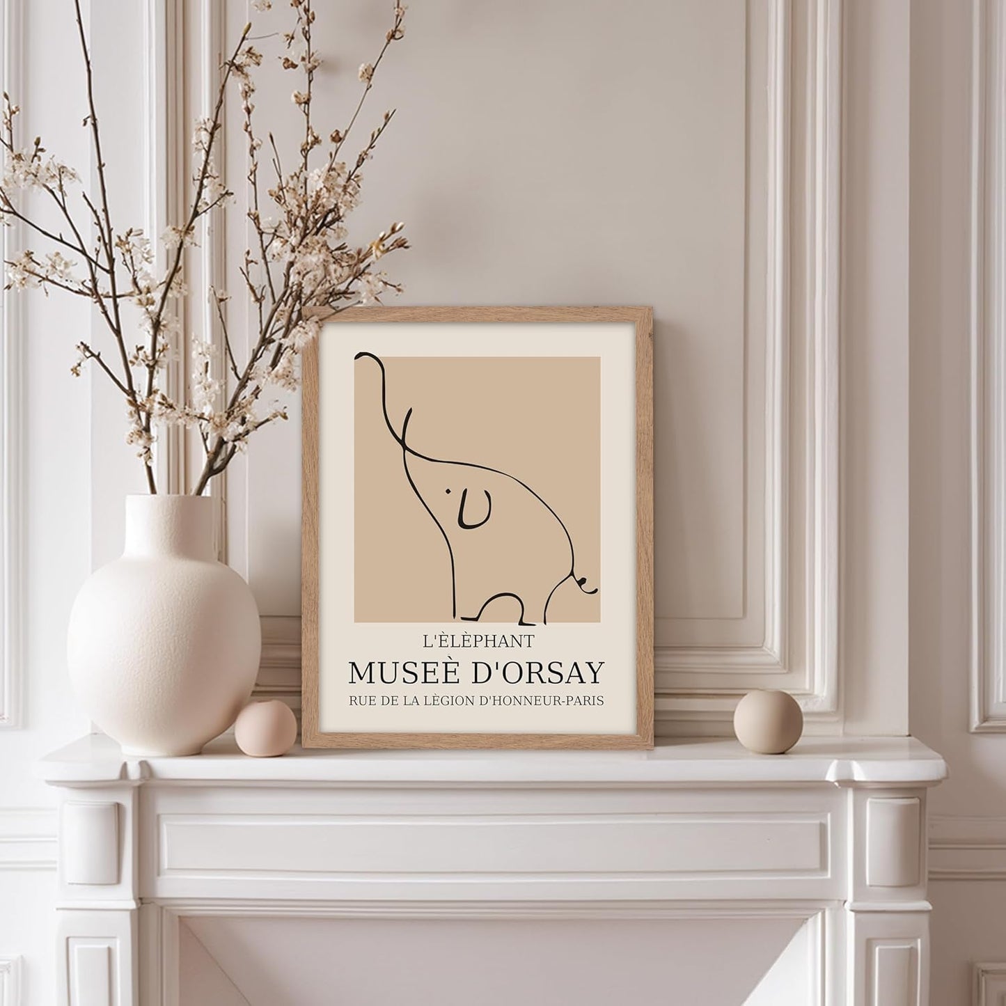 Poster Master Vintage Poster - Retro Minimalist Print - Gift for Artist, Housewarming - Elephant, Line Drawing, Sketch, Abstract - Wall Decor for Living Room, Bedroom, 8x10 Beige Framed