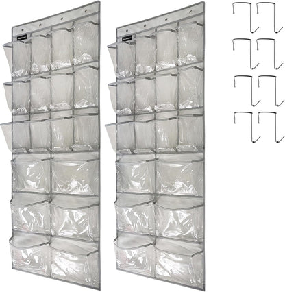 2 Pack Extra Large Hanging Crystal Clear Over Door Shoe Organizers, Closet Shoe Rack Organizer, 12+6 Pockets, 8 Hooks, Grey (59" x 21.6")