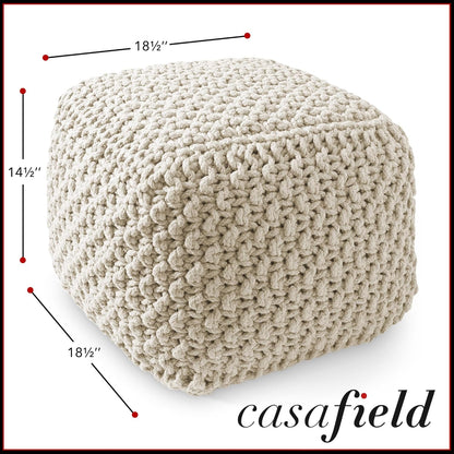 Casafield Square Pouf Ottoman, Natural - 18.5" W x 18.5" D x 14.5" H Cotton Knit Foot Stool - Boho Floor Pouffe for Living Room, Bedroom, Home Office