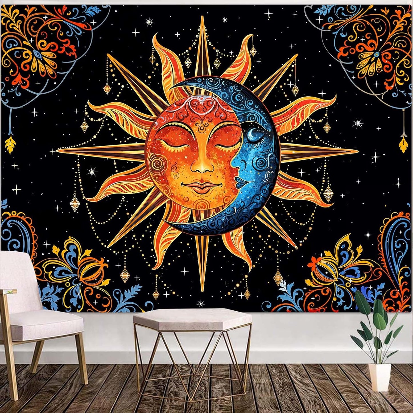 Lunerfex Sun and Moon Tapestry Mandala Wall Tapestry, Cute Tapestries for Bedroom Ceiling Tapestries Wall Hanging for Bedroom Living Room Decor Sun-1 60"x80"
