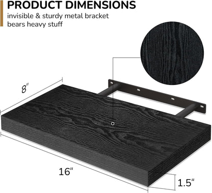 Fun Memories 16 Inch Floating Shelves - Deep Rustic Black Wooden Wall Shelves - Extra Deeper & Thicker Wall Mounted Storage Shelf for Bedroom, Kitchen, Farmhouse - 2 Pack, Rustic Black