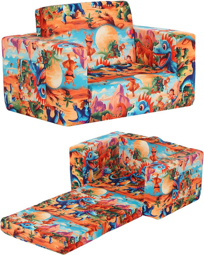 Toddler Chair Kids Couch, 2-in-1 Toddler Soft Sherpa Couch Fold Out Armchair with Removable Cover, Convertible Reading Chair Toddler Sofa for Kids, Orange Dinosaur