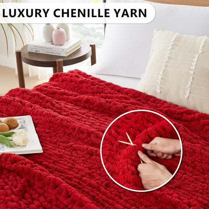 L'AGRATY Chunky Knit Blanket Throw - Soft Chunky Throw Blanket 50x60: 100% Hand Kintted Chenile Crochet Blanket Large Cable Knit Chunky Blanket - Rope Knot Throw Blanket for Couch Home Decor(Red)