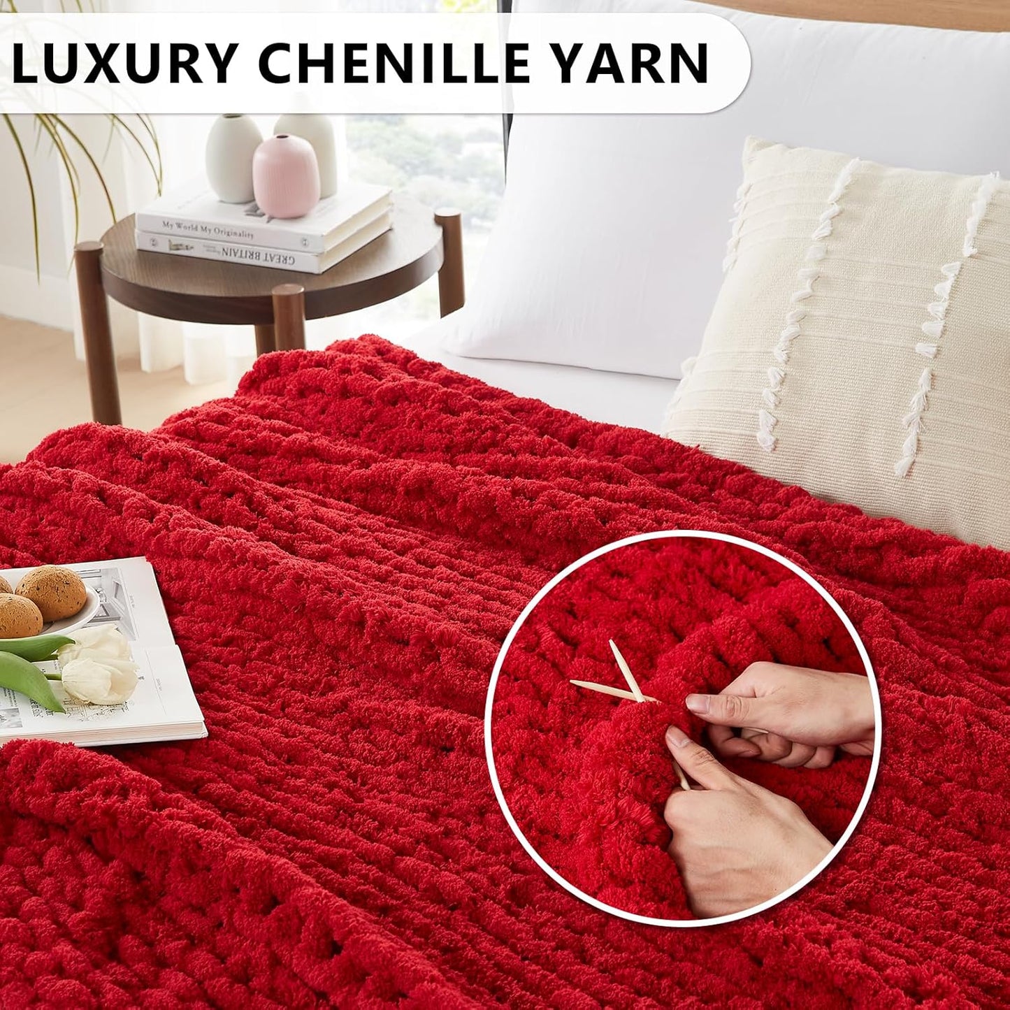 L'AGRATY Chunky Knit Blanket Throw - Soft Chunky Throw Blanket 40x50: 100% Hand Kintted Chenile Crochet Blanket Large Cable Knit Chunky Blanket - Rope Knot Throw Blanket for Couch Home Decor(Red)