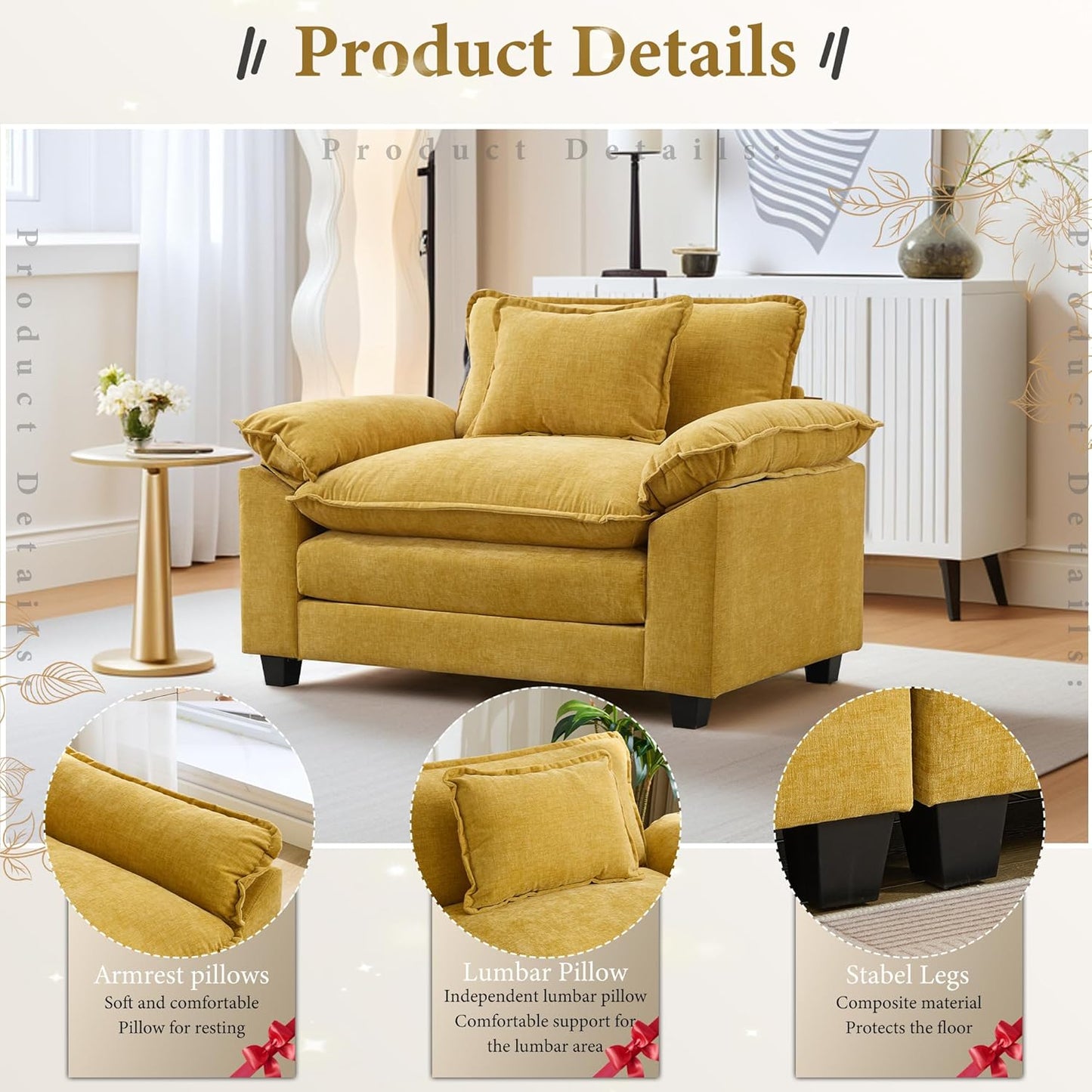 URRED Modular Sectional Sofa Comfy Cloud Couch, Modern Chenille Sofa Sleeper Deep Seat Couches with Ottoman/Pillows for Living Room (Yellow, 53'')