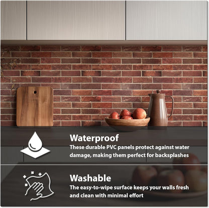 CONCORD WALLCOVERINGS ™ 3D Red Faux Brick Wall Panels - Pack of 20, Lightweight 17.5" x 24" (44.5 cm x 61 cm) PVC Sheets, Decorative Stone Tiles for Living Room, Kitchen - Covers 58.33 Sq Ft