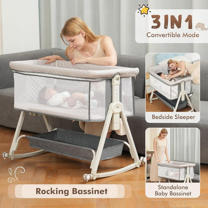 Baby Bassinet Bedside Sleeper for Baby,Bedside Bassinet with Wheels and Storage Basket,All Mesh 6 Height Adjustable Easy to Assemble Bedside Crib (Upgrade Grey)