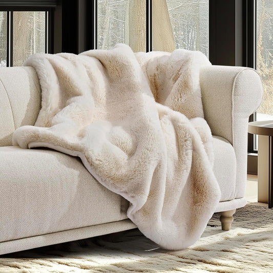 Luxury Soft Faux Chinchilla Fur Throw Blanket for Couch, Warm Thick Heavy Winter Throw Blanket 1220GSM for Bed, Fluffy Cozy Mink Blanket with Reversible Velvet, Arctic White, 50"x60"