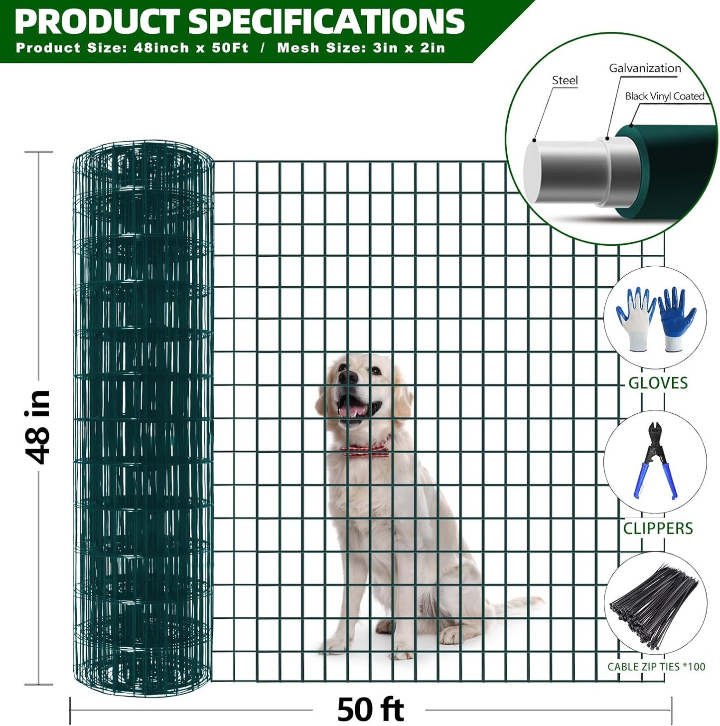 Welded Wire Fence, 50ft(L) x 48inch(H) Garden Fence for Dog, 2 Inch x 3 Inch 16GA Fencing for Chicken, PVC Coated Anti-Rust Roll Metal Wire Mesh Fence for Yard Vegetable, Green