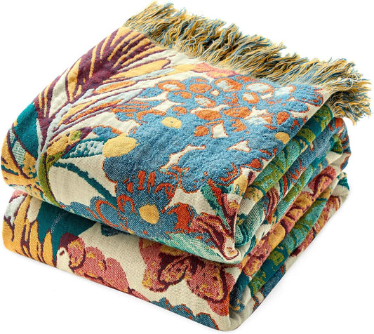 MSGKV Boho Throw Blanket for Couch Bed Chair 100% Cotton Muslin Breathable Vine Embroidery Blanket 50"x60" Sofa Blankets for All Seasons Lightweight Farmhouse Blankets Boho Home Decor