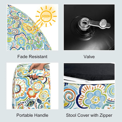 LVTXIII Outdoor/Indoor Inflatable Stool Ottoman, All Weather Patio Footrest Pouf, Portable Round Ottoman for Patio Garden, Camping or Home, D21xH9 Inches, Flower Blue