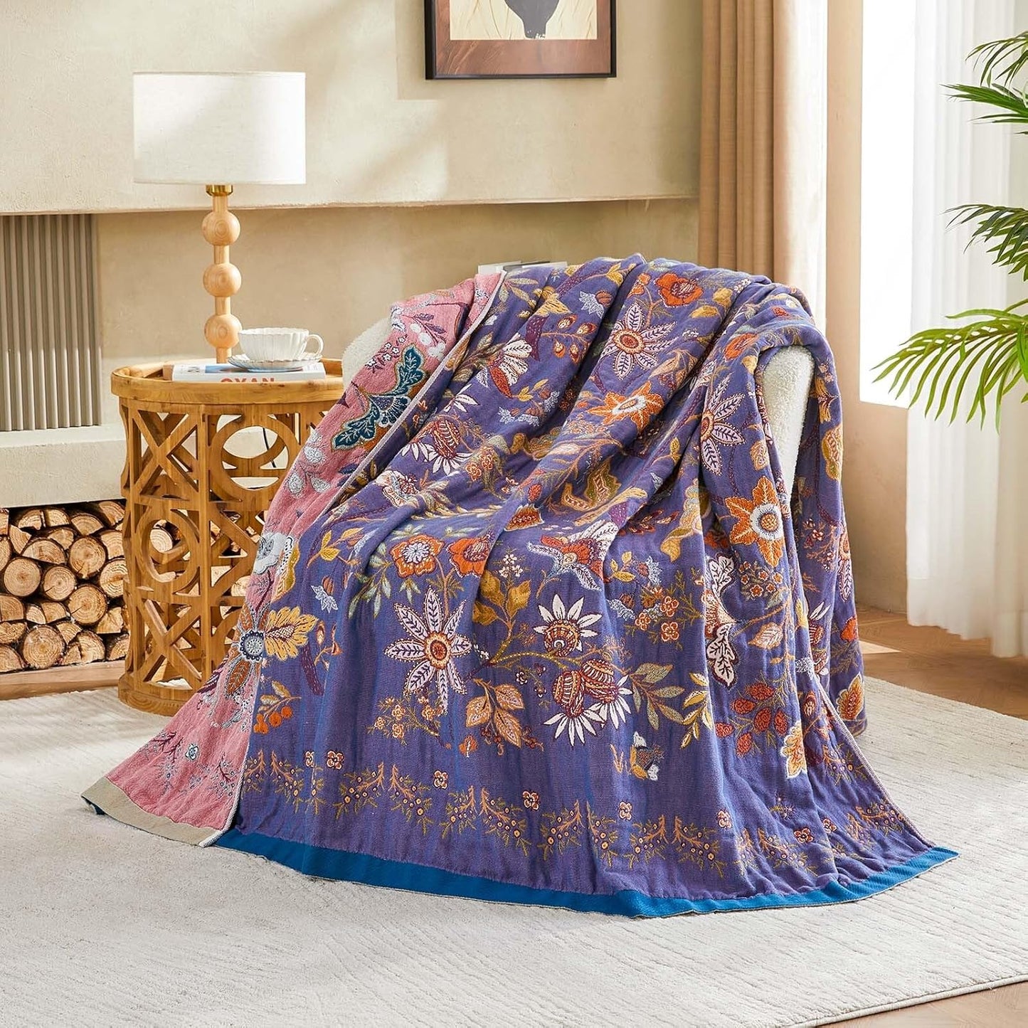 Boho Blanket, 100% Cotton Farmhouse Decorative Throw Blanket, 90"x98" Reversible Bohemian Throw Blanket, Purple All Season Muslin Breathable Woven Blankets Quilt