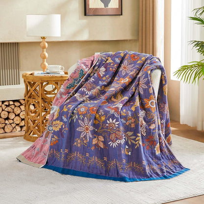 Boho Blanket, 100% Cotton Farmhouse Decorative Throw Blanket, 80"x90" Reversible Bohemian Throw Blanket, Purple All Season Muslin Breathable Woven Blankets Quilt