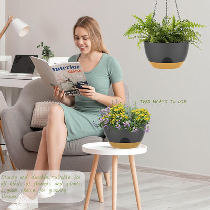 12 Inch Hanging Baskets 2 PC with Chains, Self-Watering Hanging Planters for Indoor Outdoor Plants, Plastic Hanging Flower Pots,Black Brown