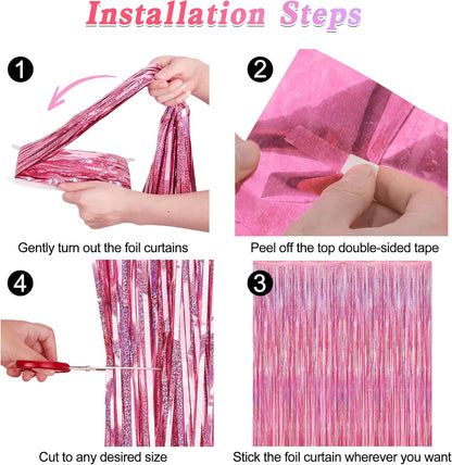 12 Pack Pink Backdrop, 3.28 FT x 7.05 FT Foil Streamers, Metallic Glitter Backdrop Pink Tinsel Fringe Curtains Party Streamers, Pink Birthday Party Decorations Photo Booth Props