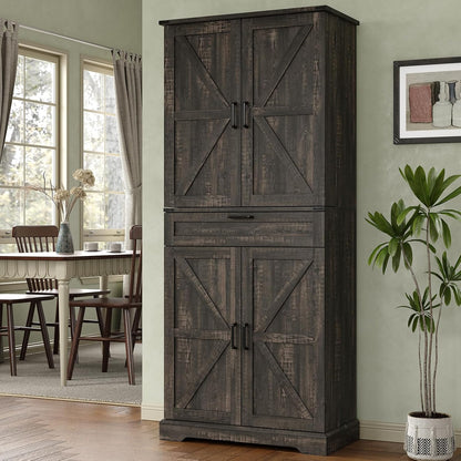 72'' Kitchen Storage Pantry Cabinet, Tall Storage Cabinet with 8 Door Shelves, 2 Cabinets and 1 Drawer, Freestanding Cupboard for Kitchen, Dining Room, Bathroom, Laundry, Living Room, Dark Rustic Oak