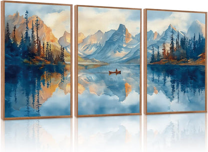 KAIRNE Framed Large Landscape Wall Art,Abstract Forest Prints Paintings,Watercolor Blue Mountain Lake Canvas,Nature Scenery Textured Artwork for Living Room Bedroom Home Office Gallery Decor,16”X24”