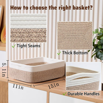 Large Shallow Organizing Baskets 15x11x5.1 Inches - Rope Woven Storage Bins for Bathroom, Shelves, Cube Closet, White Mixed Brown 2 Packs