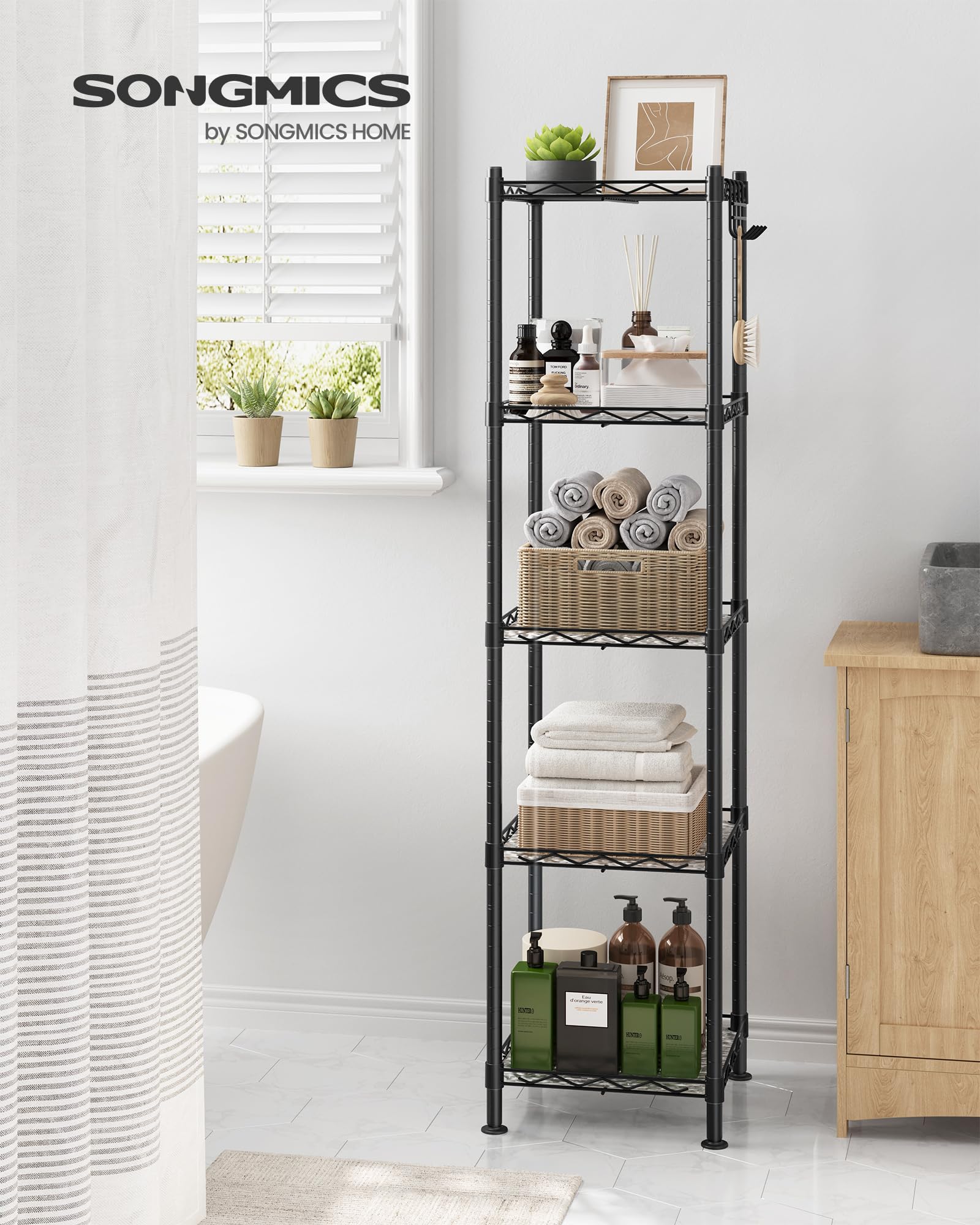 SONGMICS Storage Shelf, Bathroom Shelf, 5 Tier, Ink Black