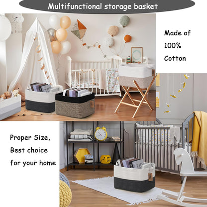 COMFY-HOMI Cotton Rope Woven Basket with Handles for Shelves,Toys,Book, Cloth Storage Baskets Bin for Organizing-13.5"x11"x9.5" Toy Decorative Organizer for Living Room, Bathroom-White/Dark Grey