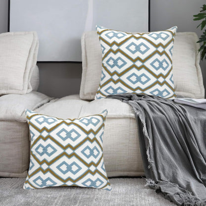 Alysheer Embroidered Decorative Throw Pillow Cover 18"x 18" Set of 2, Classic Boho Geometric Embroidery Pattern Cotton Rectangular Cushion Case for Sofa Couch Living Room Bedroom (Blue Khaki)