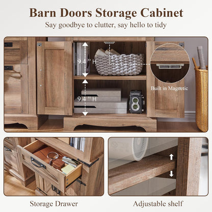 RedLemon Bookshelf with Storage Cabinet, 72" Tall Farmhouse Bookcase with Adjustable Shelves and Barn Door, 4 Tier Office Wood Bookshelf with Retro Metal Handles for Office, Library (Natural Oak)