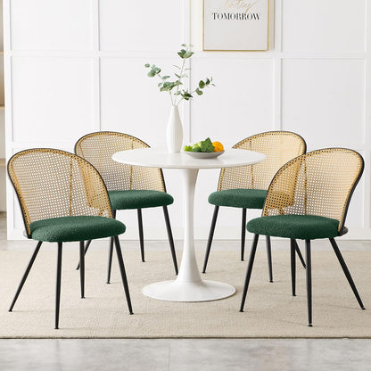 Rattan Dining Chairs Set of 4, Mid-Century Modern Kitchen Dining Room Chairs with Full Cane Backrest Armless Upholstered Farmhouse Boucle Dining Chairs with Metal Leqs for Dining Room, Green