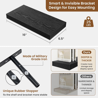 fuqing Floating Shelves for Wall, Bathroom Shelf Wall Mounted for Storage, Shelves with Invisible Bracket for Bedroom, Kitchen, Living Room, Farmhouse Small Book Shelf, 16 Inch Set of 2, Black