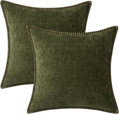 MIULEE Pack of 2 Couch Throw Pillow Covers 24x24 Inch Olive Green Farmhouse Decorative Pillow Covers with Stitched Edge Soft Chenille Solid Dyed Spring Pillow Covers for Sofa Bed Living Room