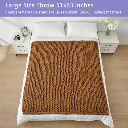 Bigacogo Chunky Knit Throw Blanket for Couch, 51x63 inches, 100% Hand Knitted with Thick Jumbo Chenille Yarn, Cozy Soft Large Rope Knot Cable Crochet Blankets for Sofa Bed Living Room, Caramel