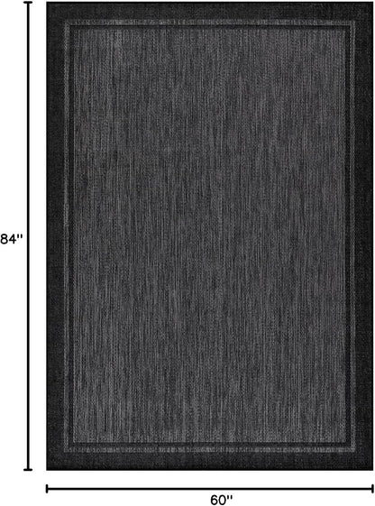 CAMILSON Indoor Outdoor Rug, 5x7 Bordered Dark Grey Black Modern Area Rugs for Indoor and Outdoor Patios, Kitchen and Hallway Mats, Washable Porch Deck Outside Carpet (Bordered Black, 5 x 7)