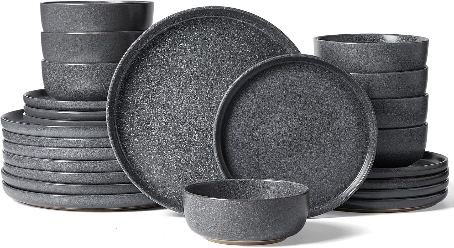 Famiware Milkyway Plates and Bowls Sets, 24 Pieces Dinnerware Sets, Reactive Glaze Dish Set, Stoneware Dishes Set for 8, Matte Dark Charcoal