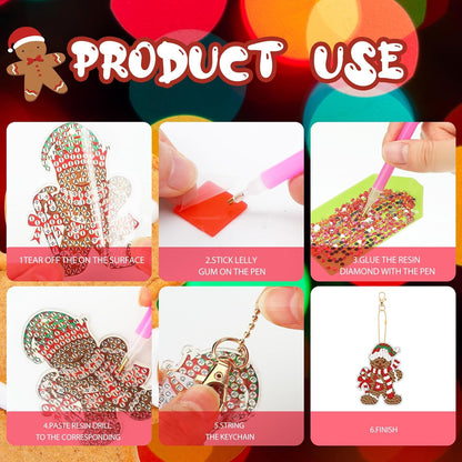 Tondiamo 20 Pcs Christmas Diamond Painting Keychain Kits 5D DIY Diamond Art Pendants Double Sided Hanging Key Chains for Christmas Party Decoration DIY(Gingerbread Man Style)