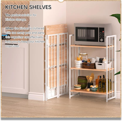 4NM No Assembly 3 Tiers Folding Bookshelf, 35" H Foldable Storage Shelves Vintage Bookcase Standing Racks Study Organizer Home Office - Natural White