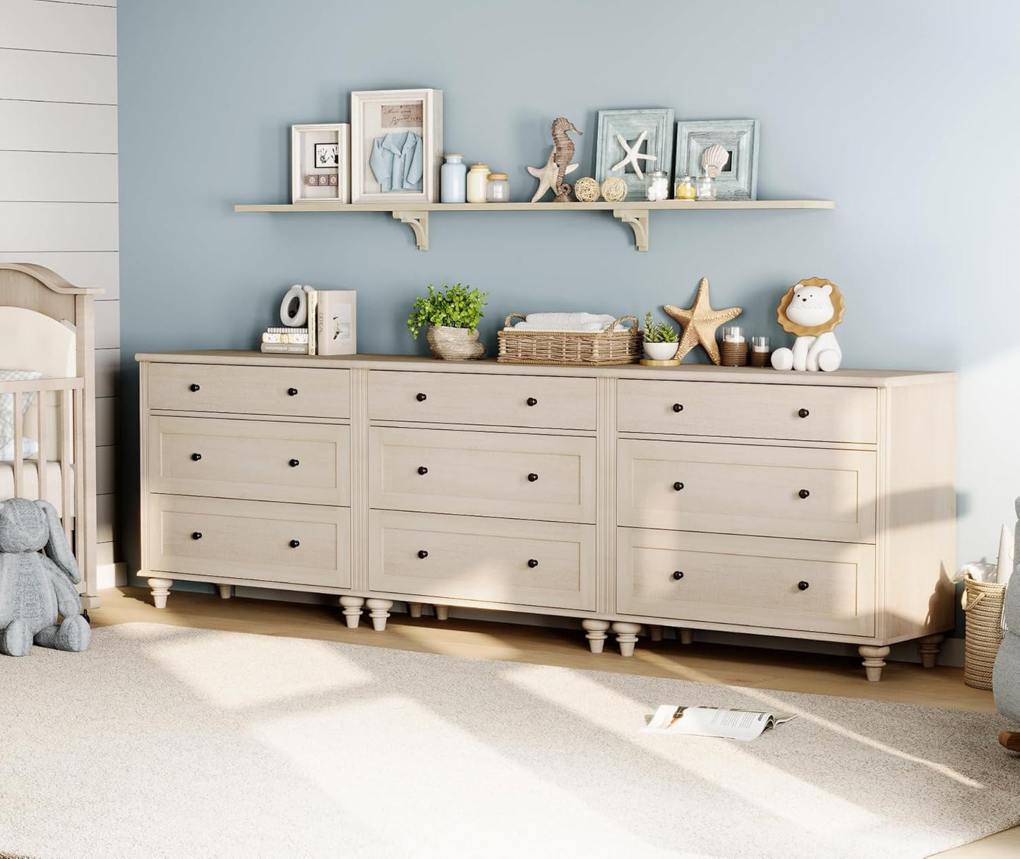 WAMPAT Kids Dresser with 9 Drawers, Baby Dressers with Wide Chest of Drawers, Mid Century Modern Wooden Closet Storage Organizer, Large Wood Dressers for Bedroom, Nursery, Hallway, Beige, 102 inch